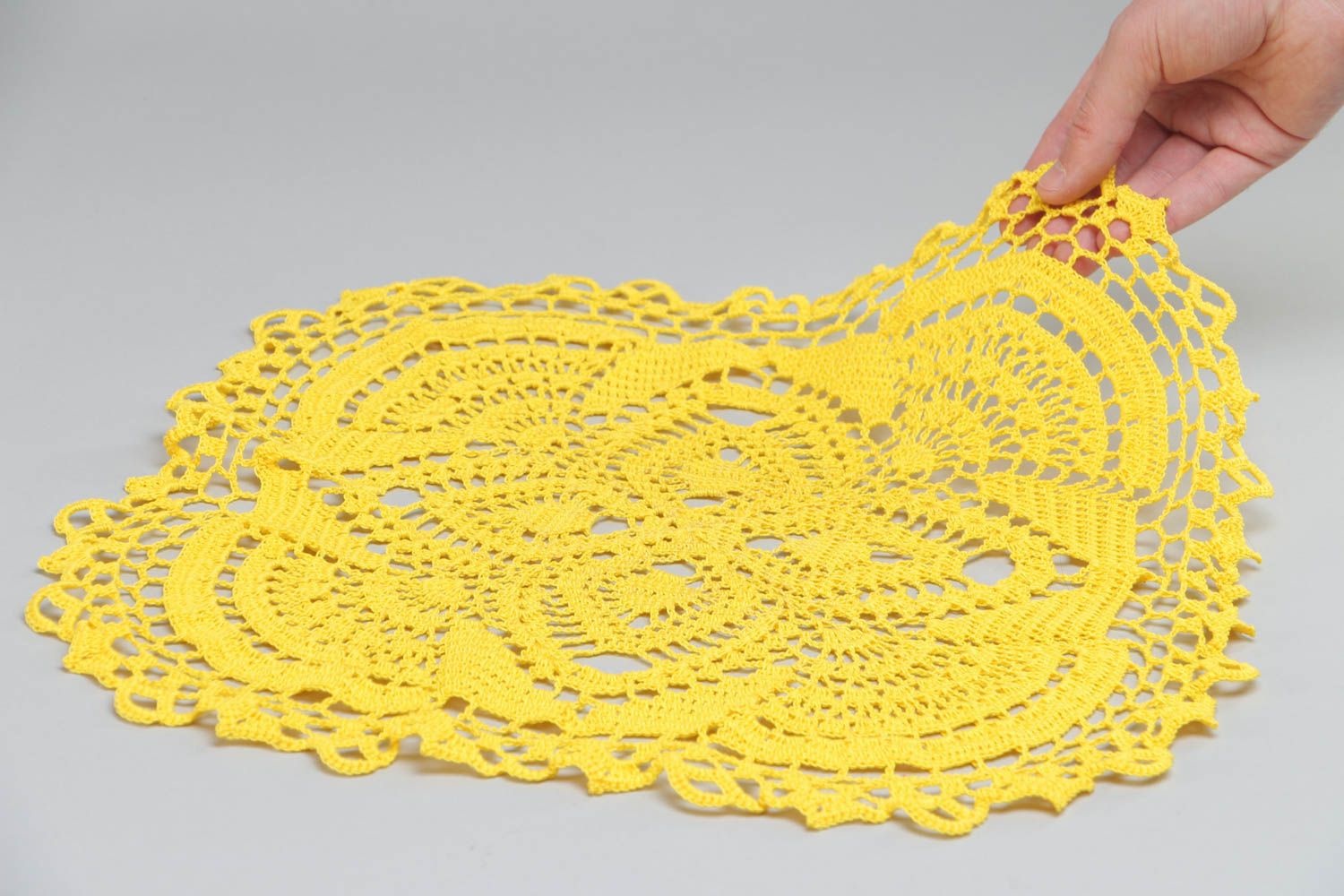 Beautiful light lace crochet cotton table napkin of yellow color handmade photo 5