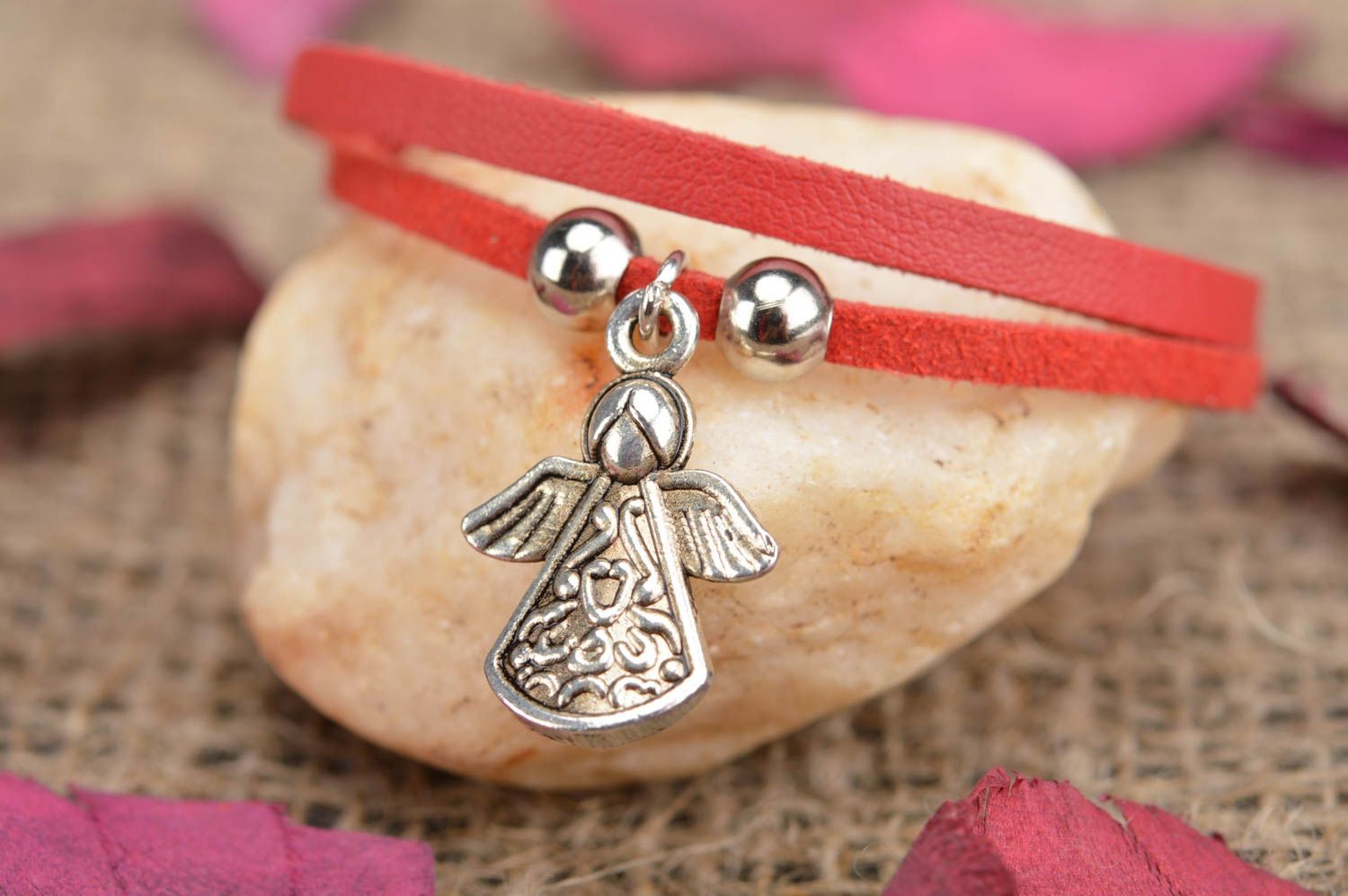 Handmade thin genuine leather red wrist bracelet with metal charm Angel for kids photo 1