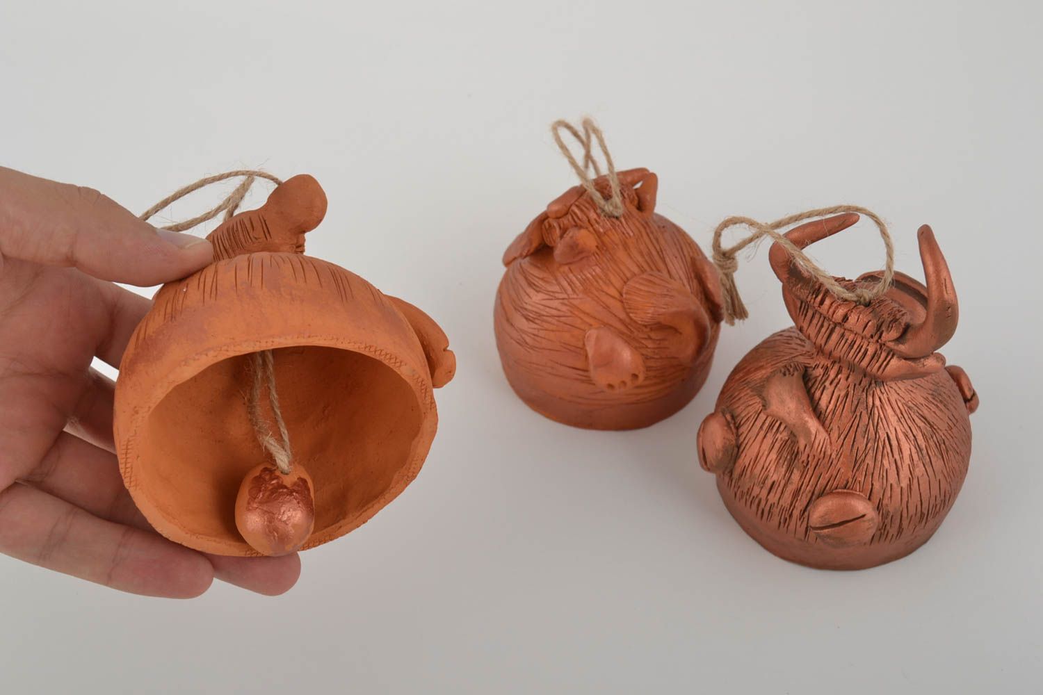 Set of 3 handmade designer molded clay bells for interior decor photo 4