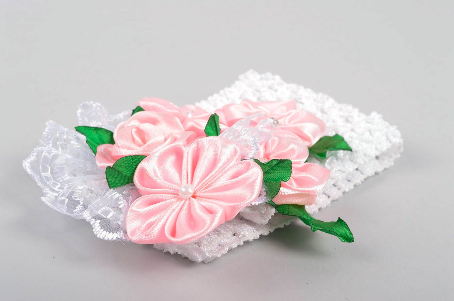 Handmade Haarband mit Blumen Mädchen Haarschmuck Mode Accessoire weiß rosa foto 4
