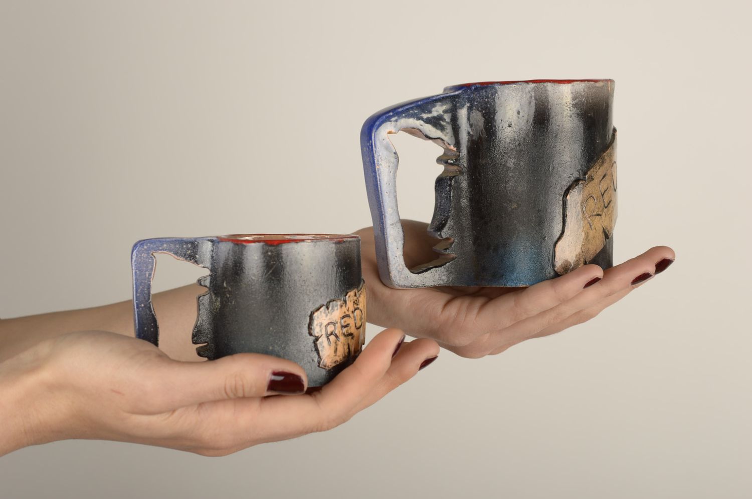 Tasses à thé faites main Mugs design en argile 2 pièces Cadeau original photo 1