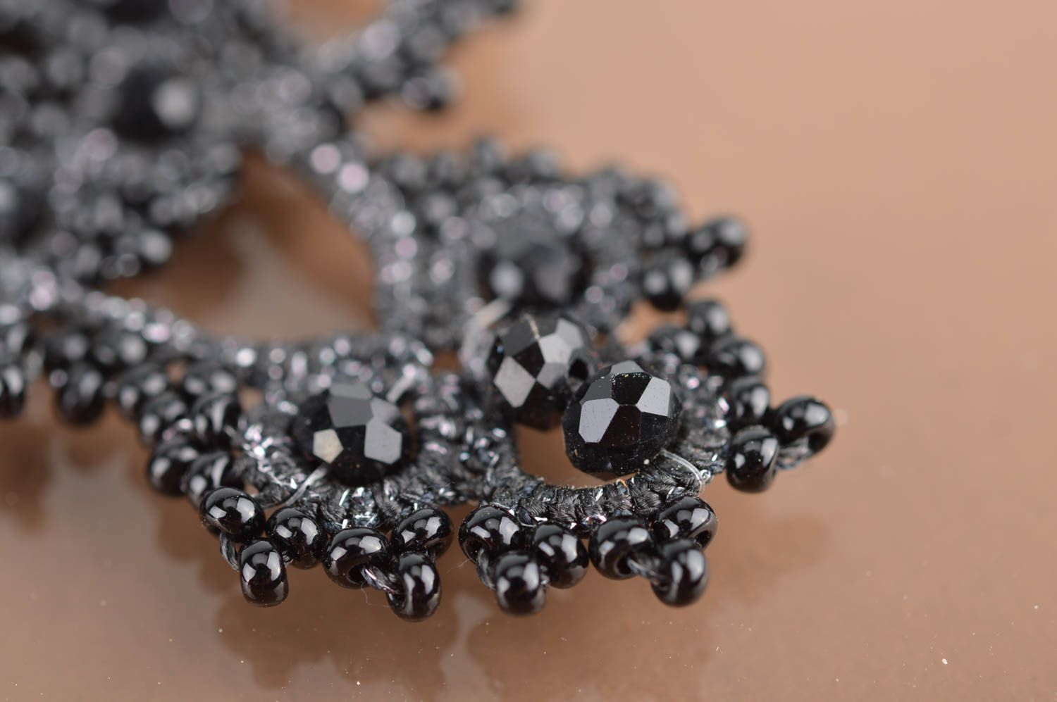 Beautiful black handmade designer tatting lace earrings with beads and crystals photo 4