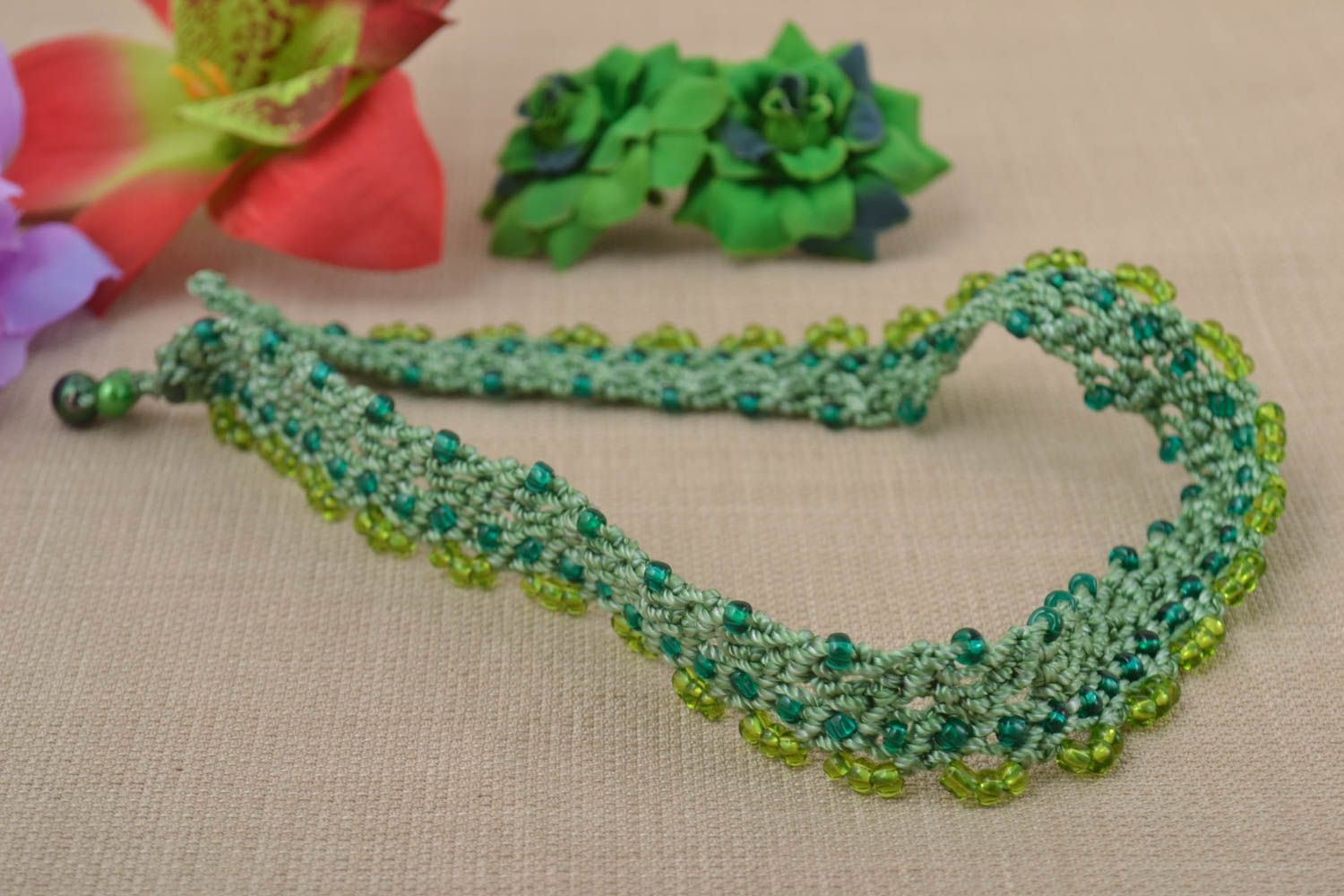 Macrame necklace handmade beaded accessories thread necklace braided jewelry photo 1
