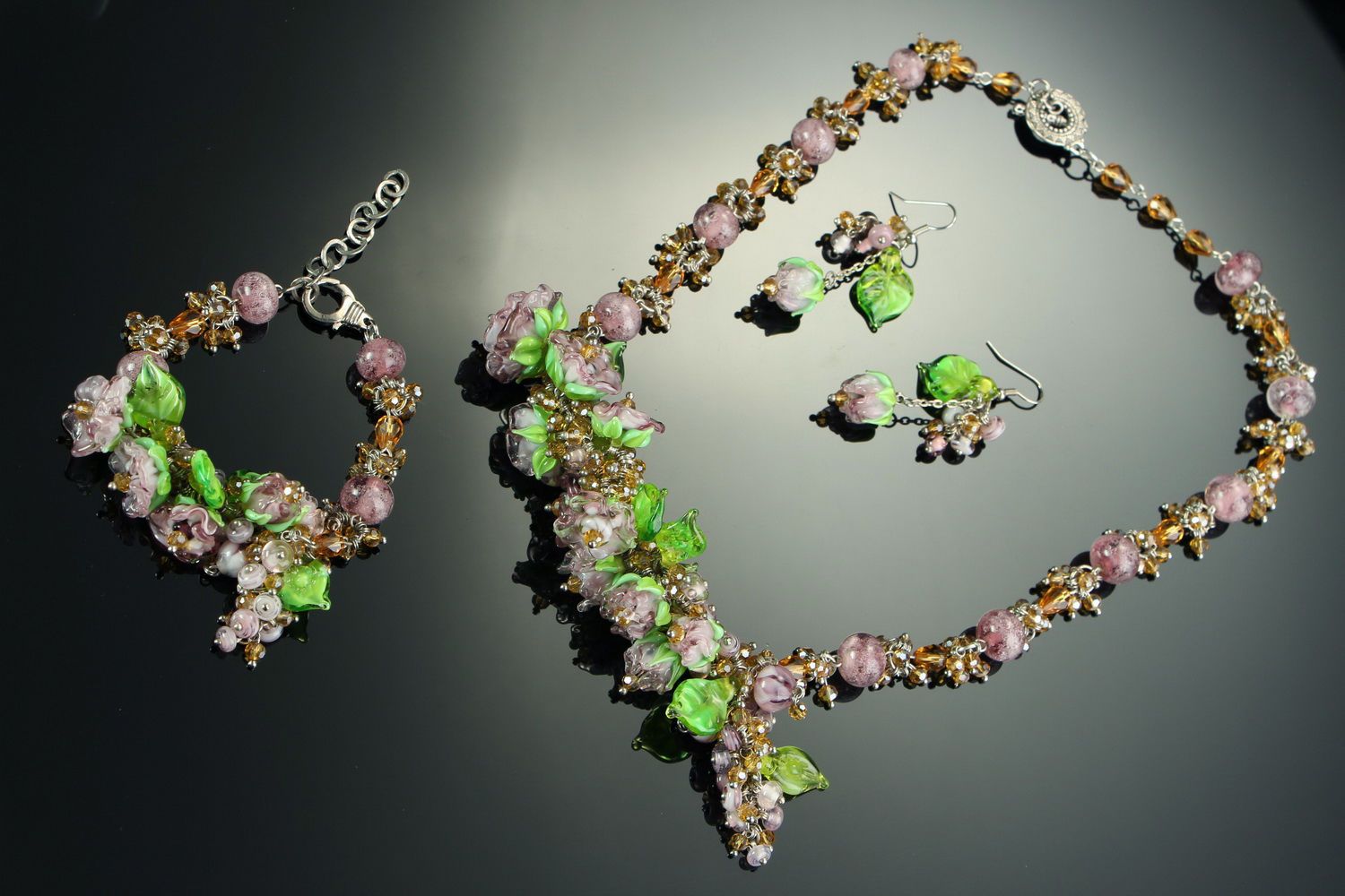 Set de bijoux faits main: collier, bracelet, boucles d'orelles - lampwork photo 2
