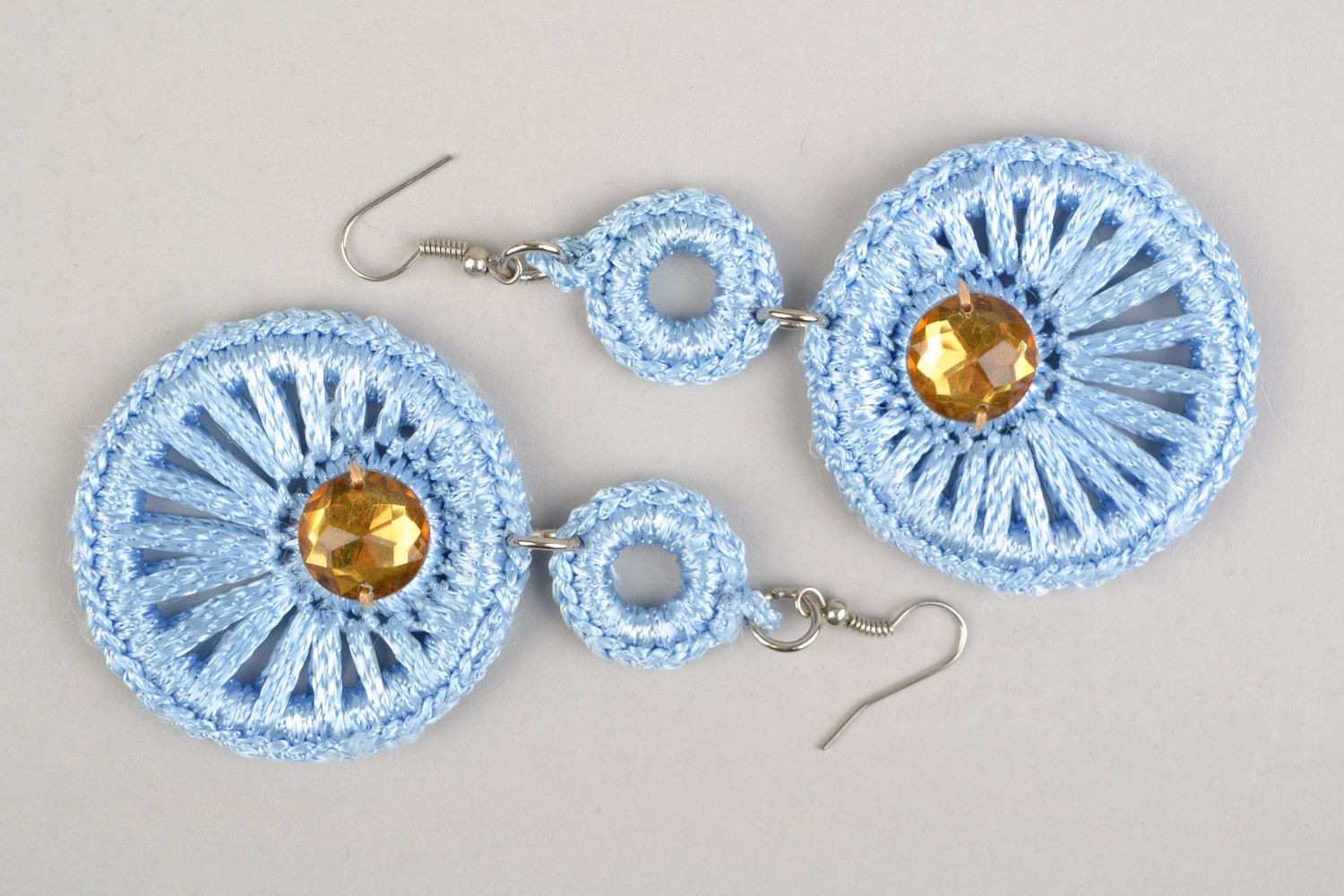 Handmade designer long earrings woven of blue viscose threads with rhinestones photo 2