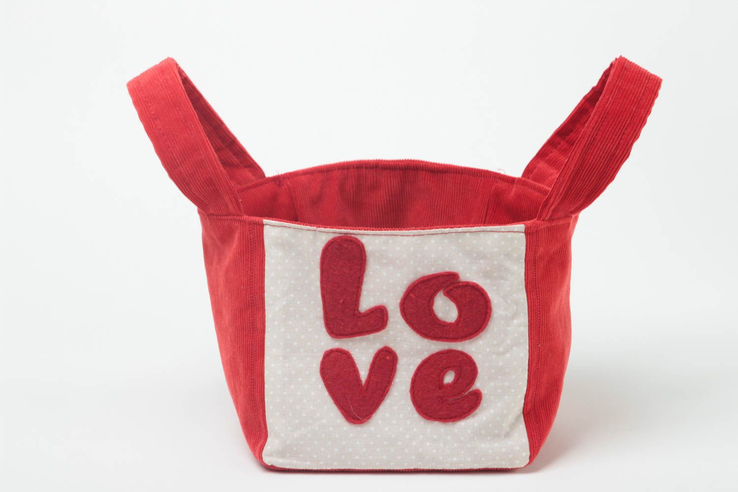 Мягкая корзина для игрушек красная с надписью Love из хлопка ручной работы фото 2
