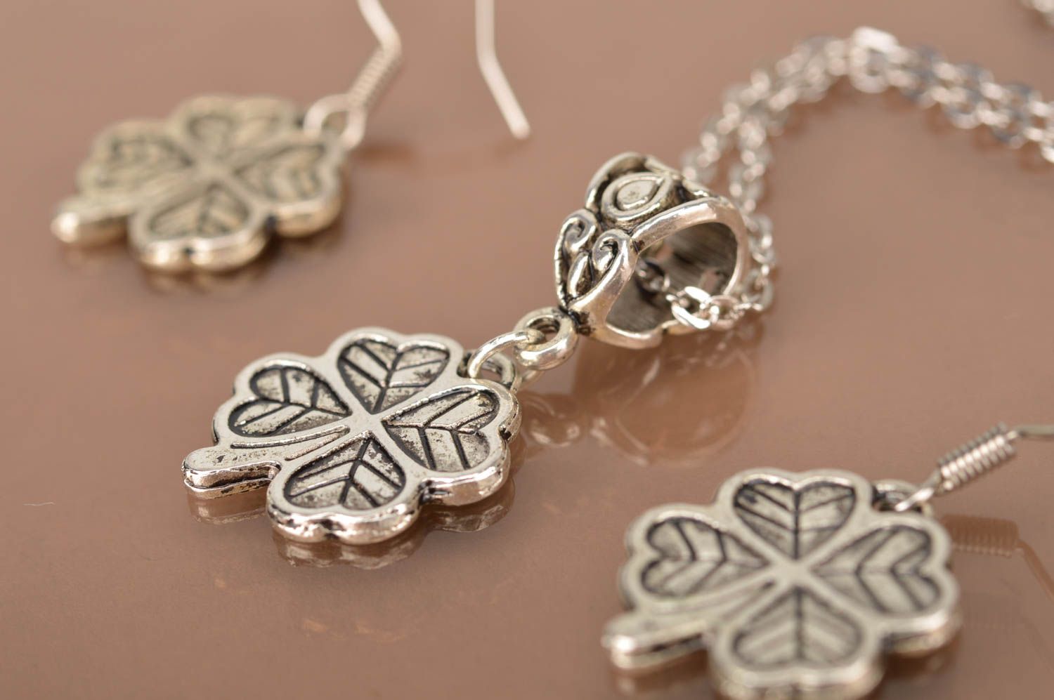 Unusual handmade jewelry set metal earrings metal pendant designer accessories photo 5