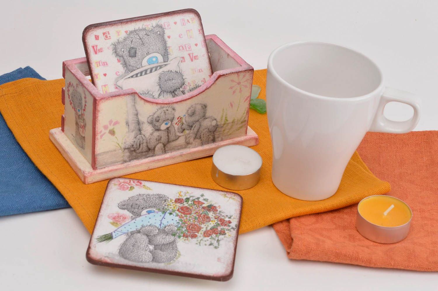 Posavasos originales y caja artesanales pintados con osos accesorios de cocina foto 5