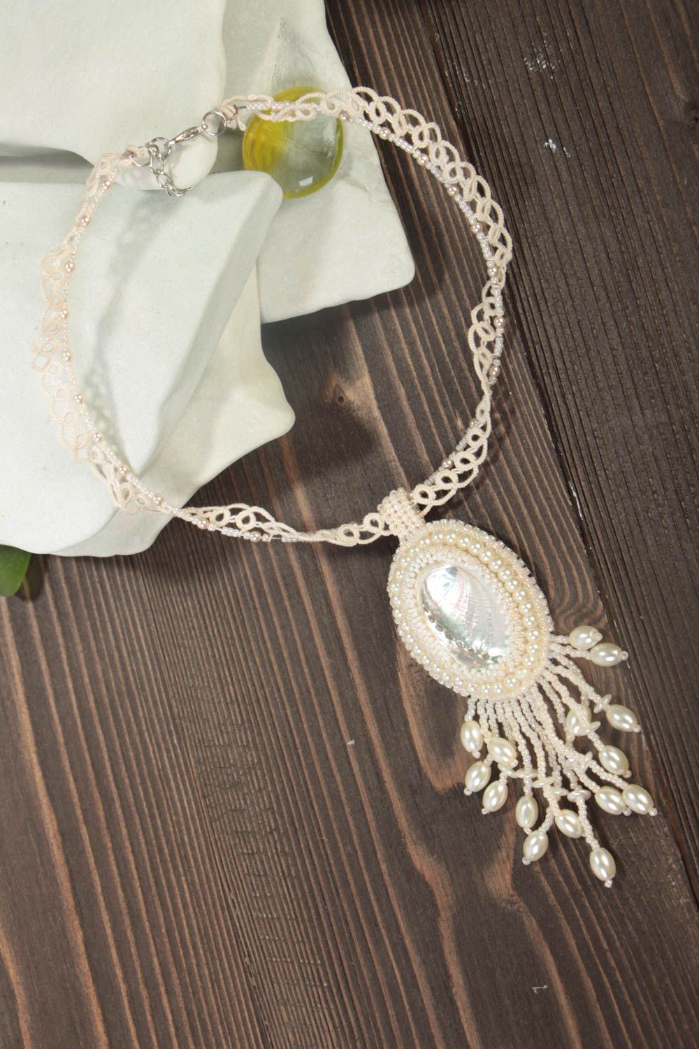 Handmade openwork necklace beaded cotton jewelry white beautiful accessory photo 1