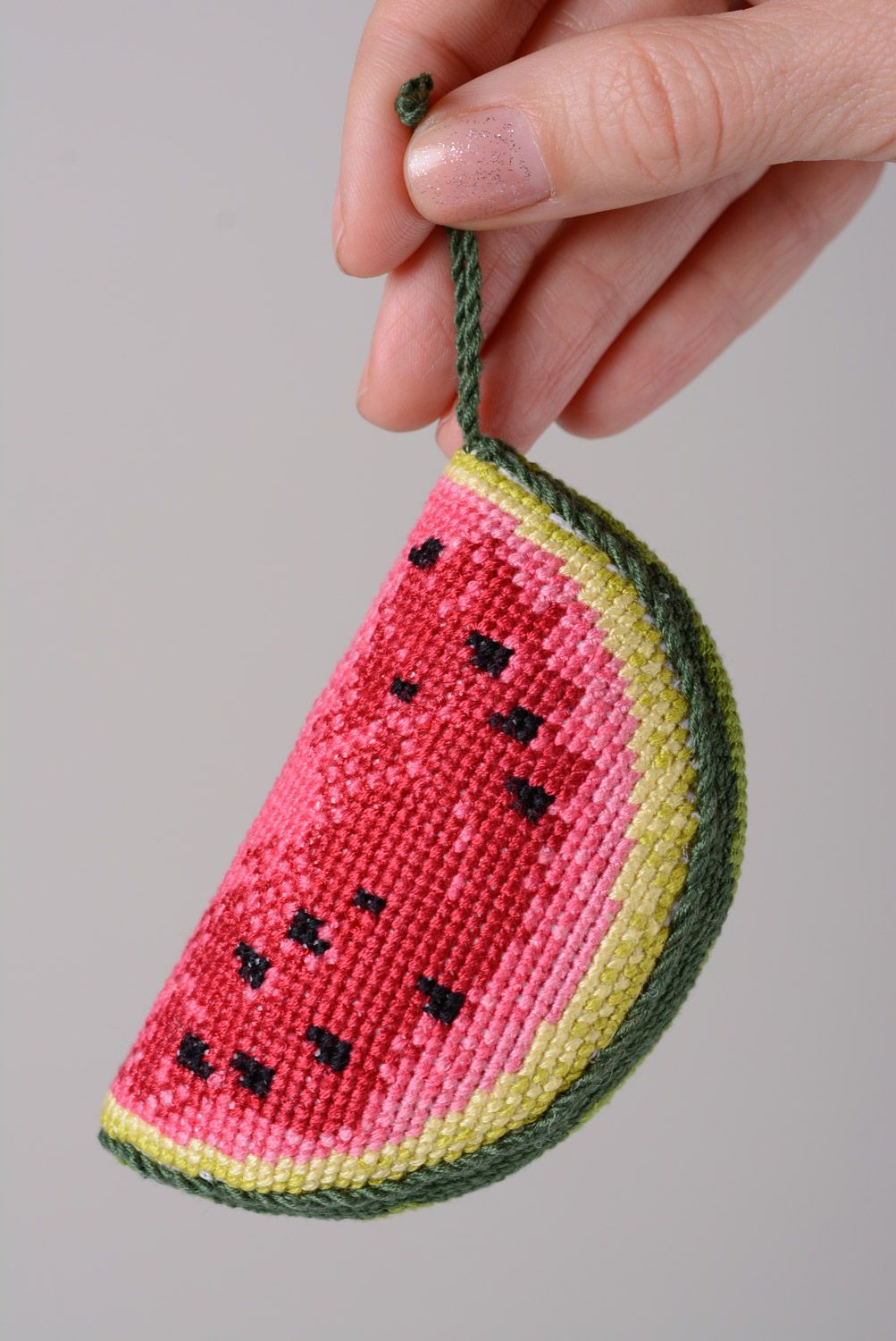 Handmade cross stitched soft pincushion in the shape of water-melon slice  photo 5