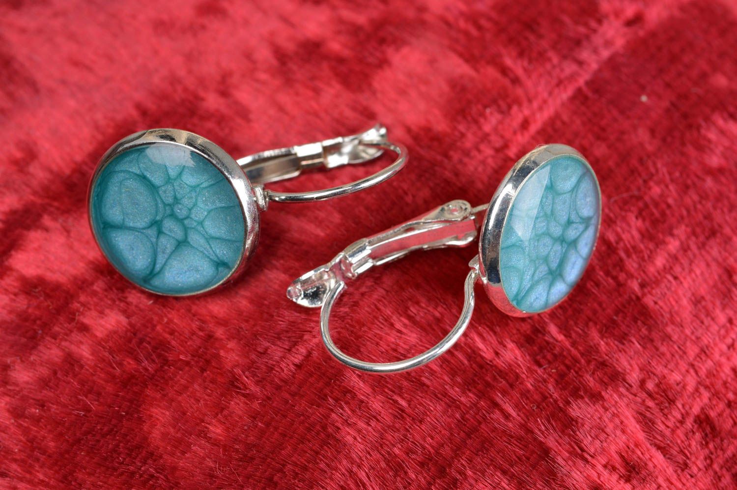 Handmade long earrings with epoxy resin stylish blue unusual designer accessory photo 3