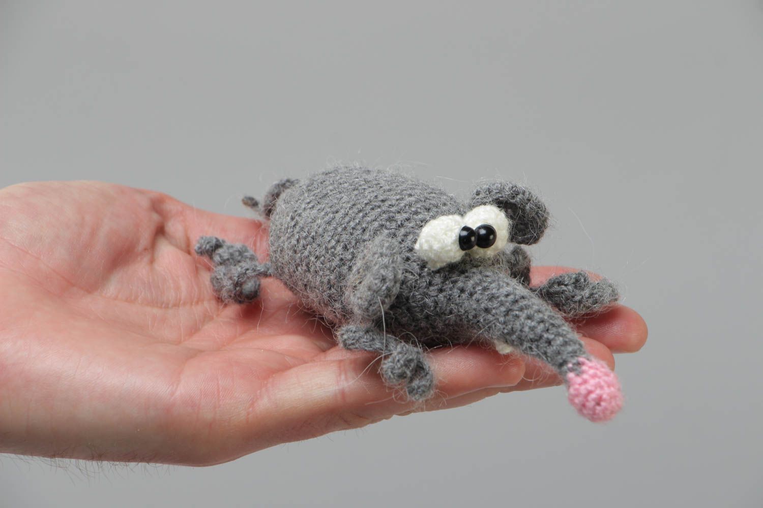 Handmade soft toy crocheted of acrylic threads funny gray mouse with long nose photo 5