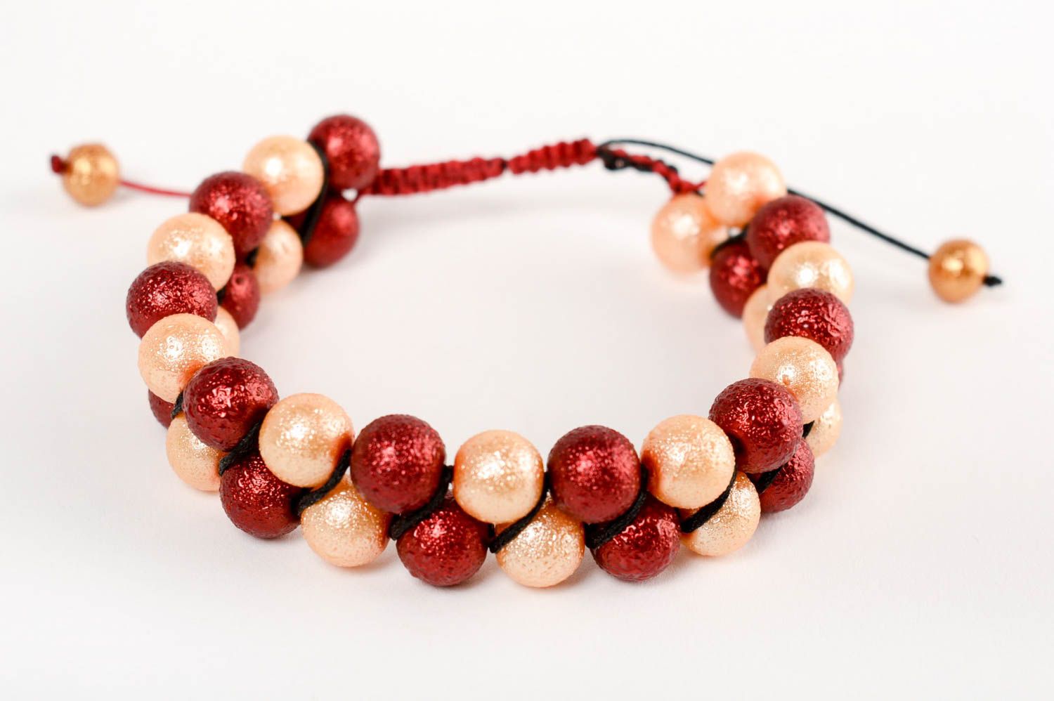 Bracelet 2 rangs tressé en macramé perles céramiques fait main rouge beige photo 4