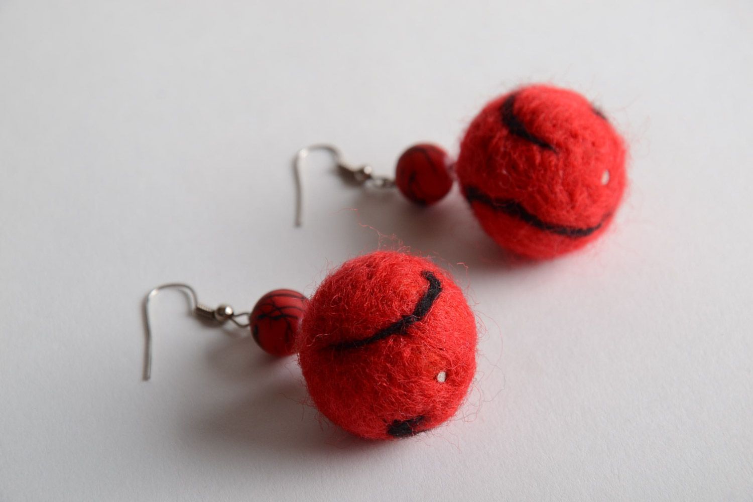 Red and black handmade women's felted wool ball earrings photo 4