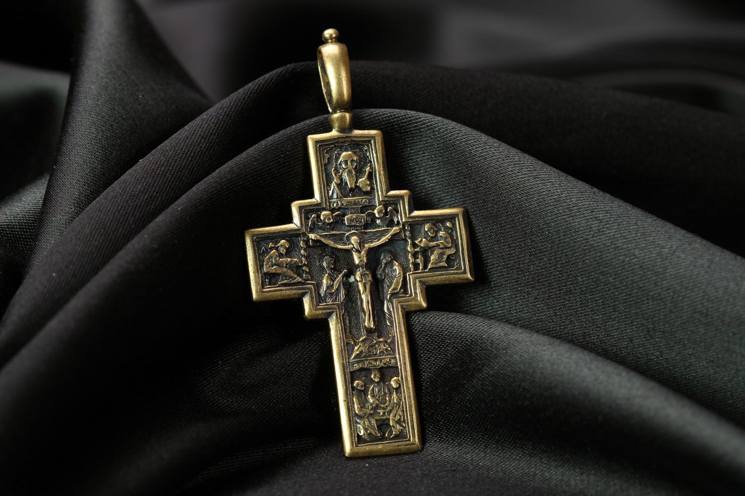 Orthodox two-sided bronze crucifix pendant photo 1