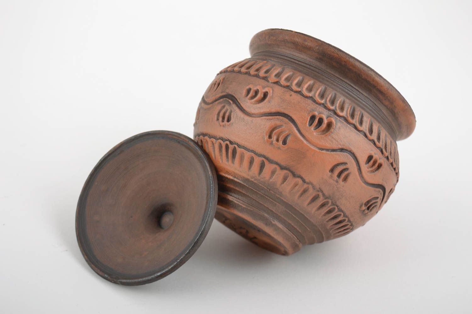 Small handmade designer clay ceramic salt pot with lid 200 ml photo 5