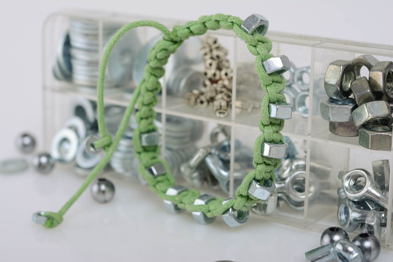 Beautiful handmade green macrame woven cord bracelet with steel nuts adjustable photo 2