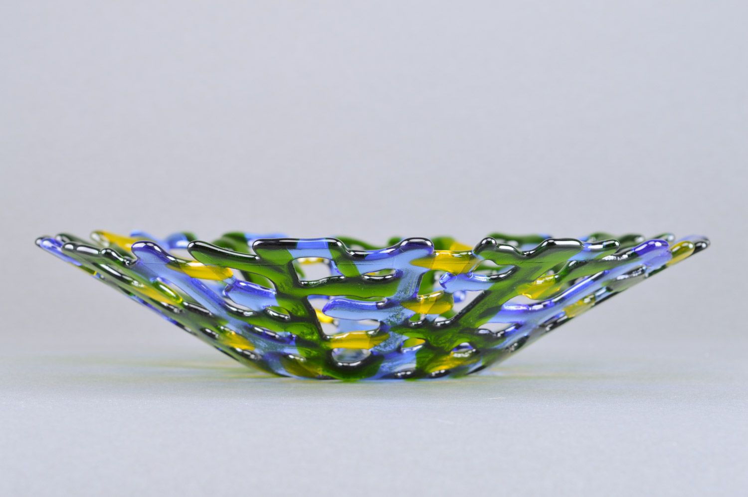 Handmade fused glass bowl in yellow green and blue colors for fruit and sweets photo 5