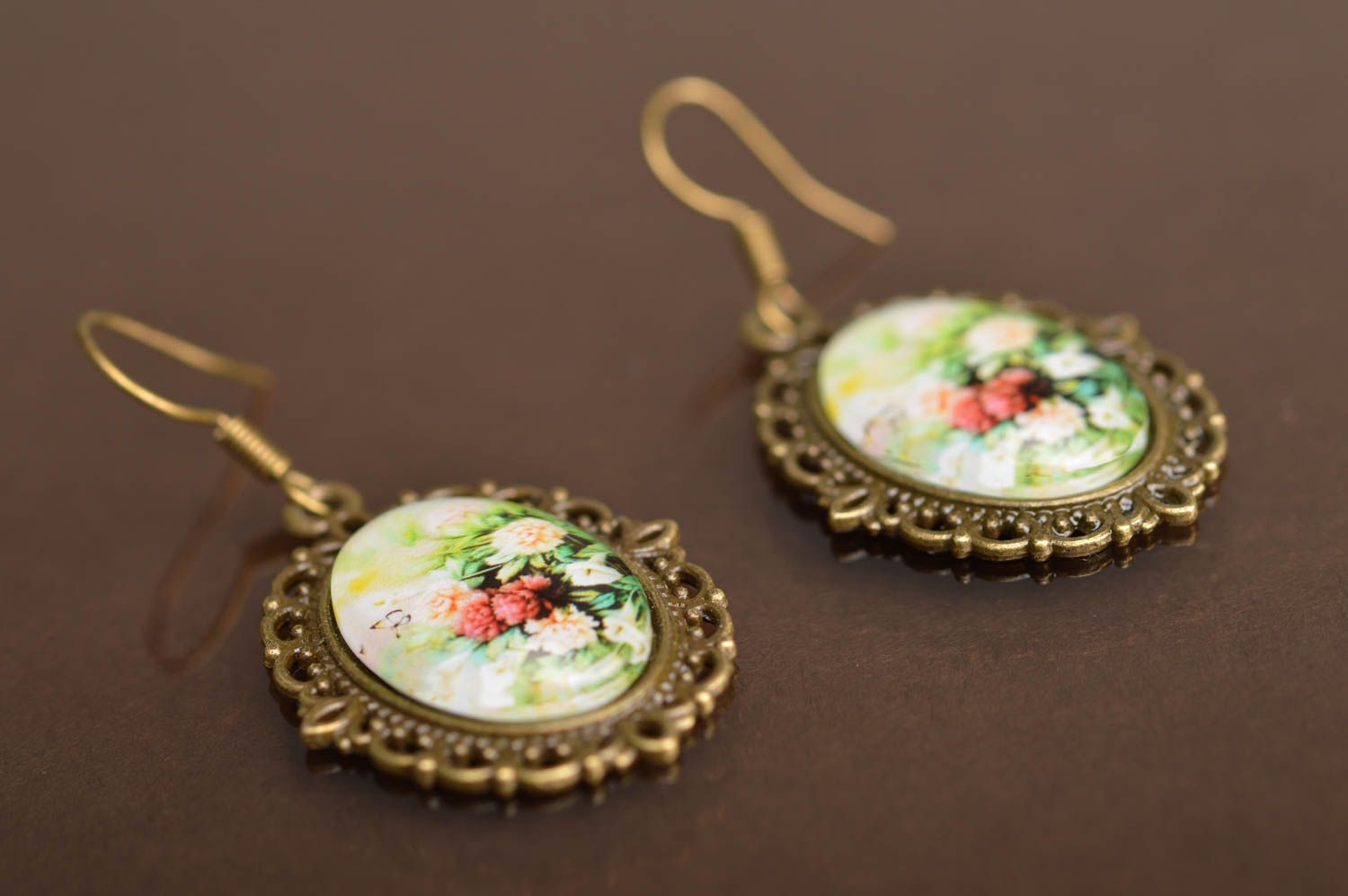 Handmade jewelry metal earrings with print in vintage style Garden photo 2