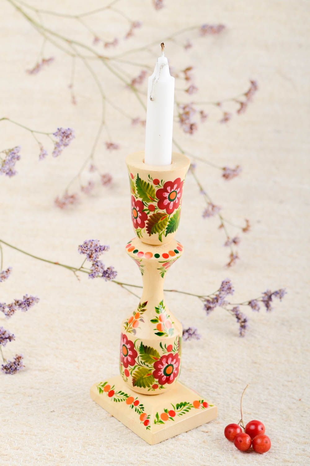 Bougeoir en bois fait main Support pour bougie clair à motif floral Déco maison photo 1