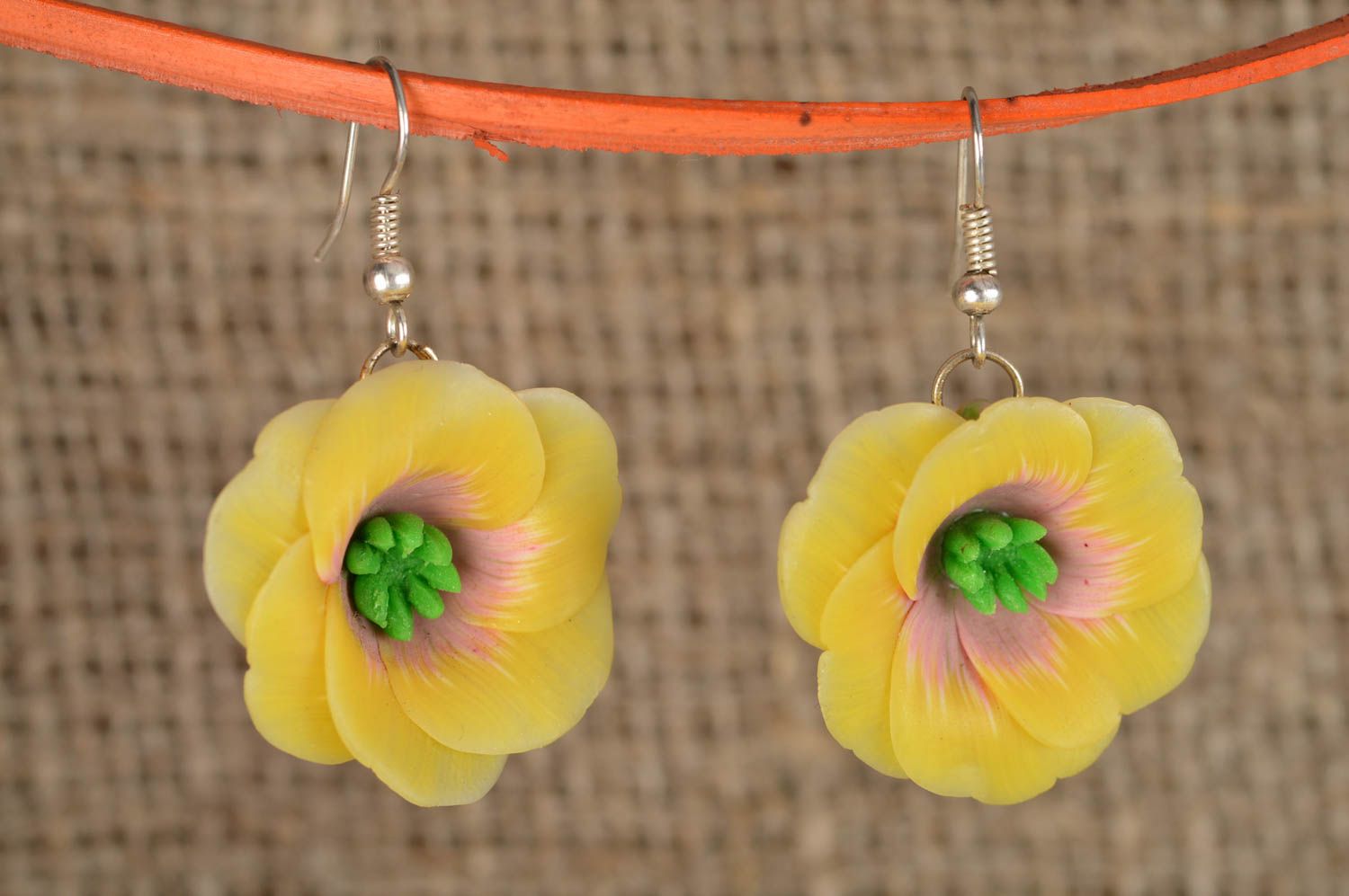 Beautiful handmade designer polymer clay flower earrings yellow and pink photo 1
