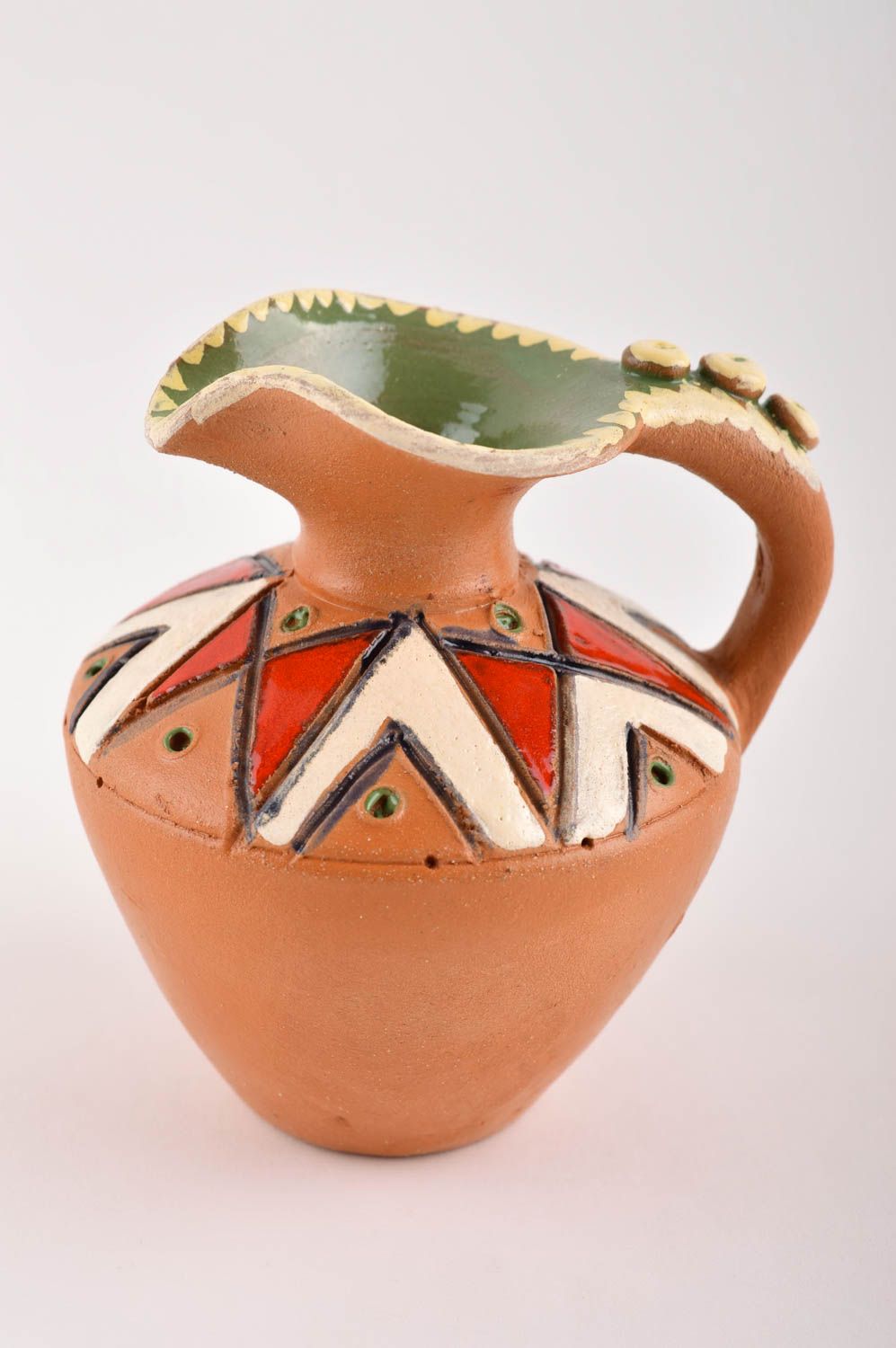 Small 8 oz ceramic Greek-style wine pitcher in terracotta color with red and white pattern 0,5 lb photo 2