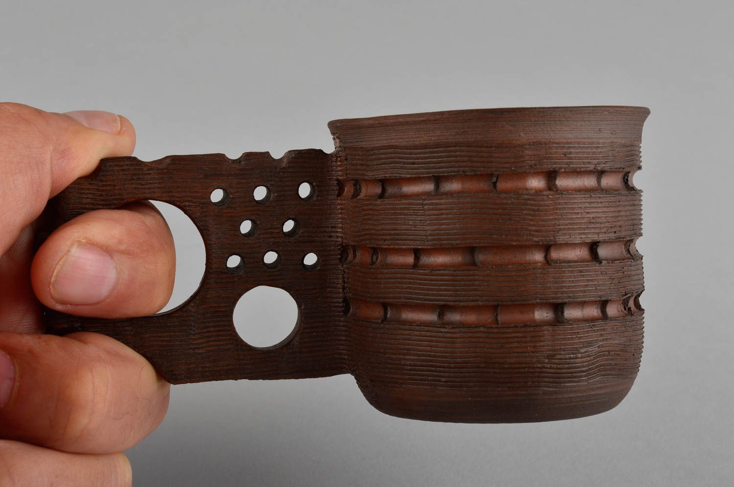 Handmade ceramic dark brown teacup with handle in the shape of cogwheel 0,26 lb photo 5