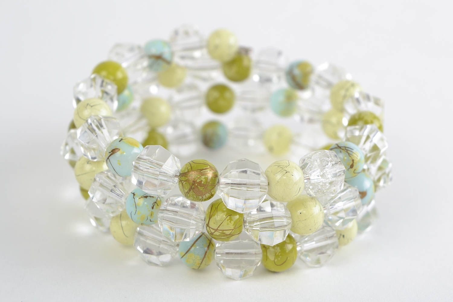 Gentle bracelet with a transparent acrylic beads in three rows handmade jewelry photo 3
