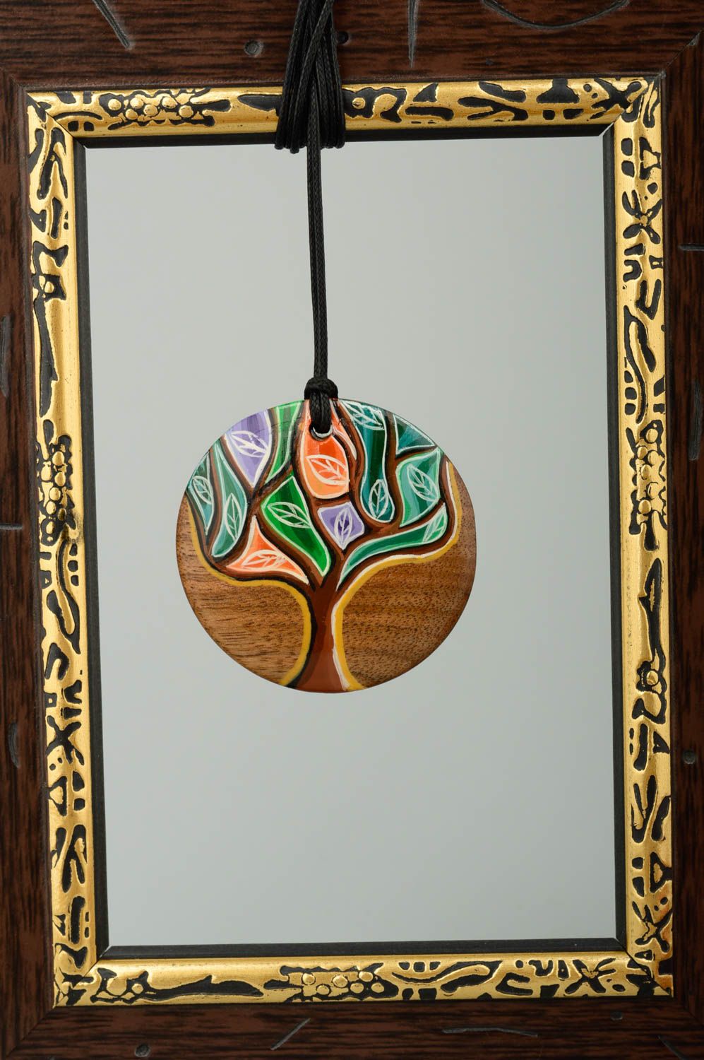 Handmade round wooden pendant unusual painted pendant cute eco accessory photo 1