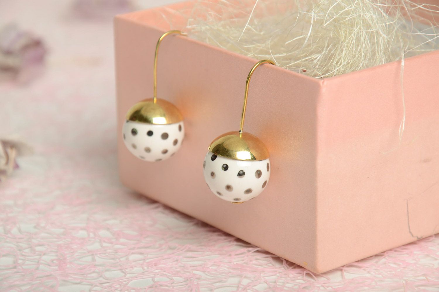 Handmade polka dot ceramic ball earrings in brass frame with long ear wires photo 1