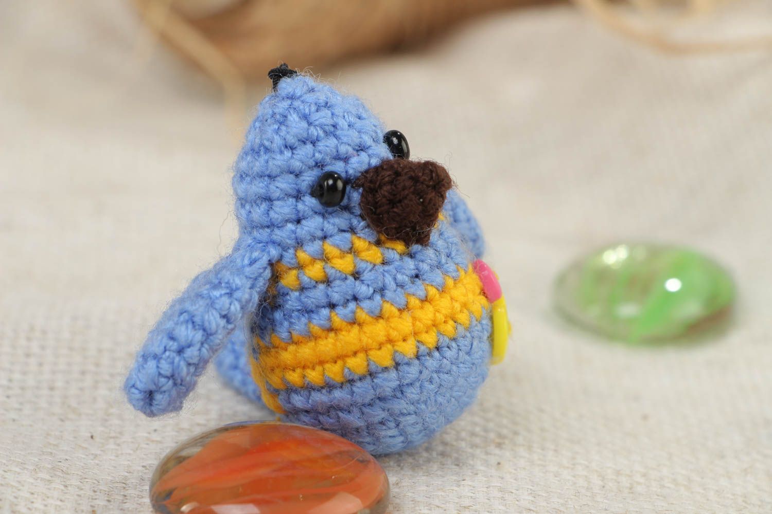 Handmade small soft toy keychain crocheted of acrylic threads blue yellow bird photo 1