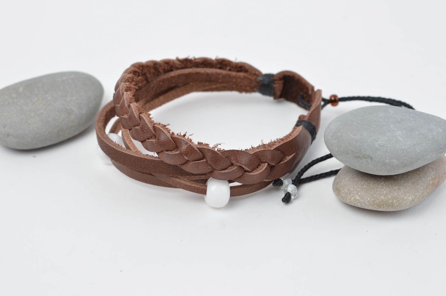 Handmade brown leather bracelet unusual designer bracelet wrist jewelry photo 1