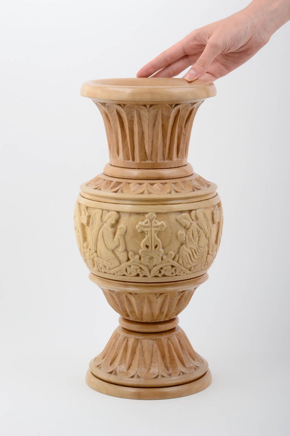 15 inches wooden hand-carved 7 inches wide vase décor in Roman-style 6 lb photo 5