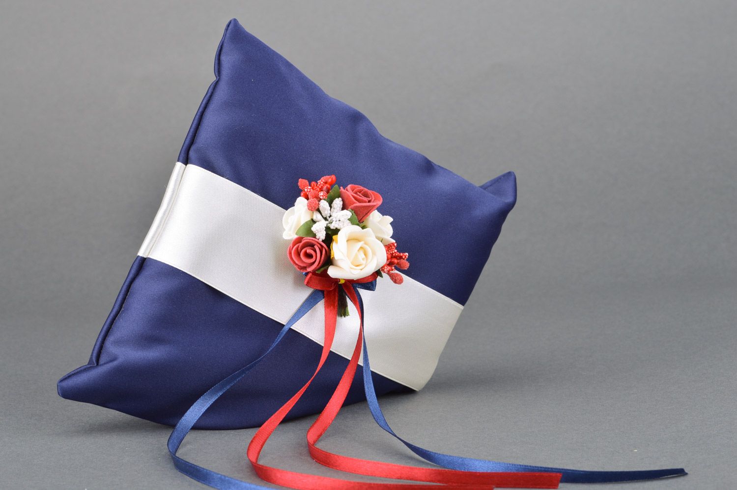 Handmade blue wedding ring pillow made of fabric with flowers and ribbons photo 5
