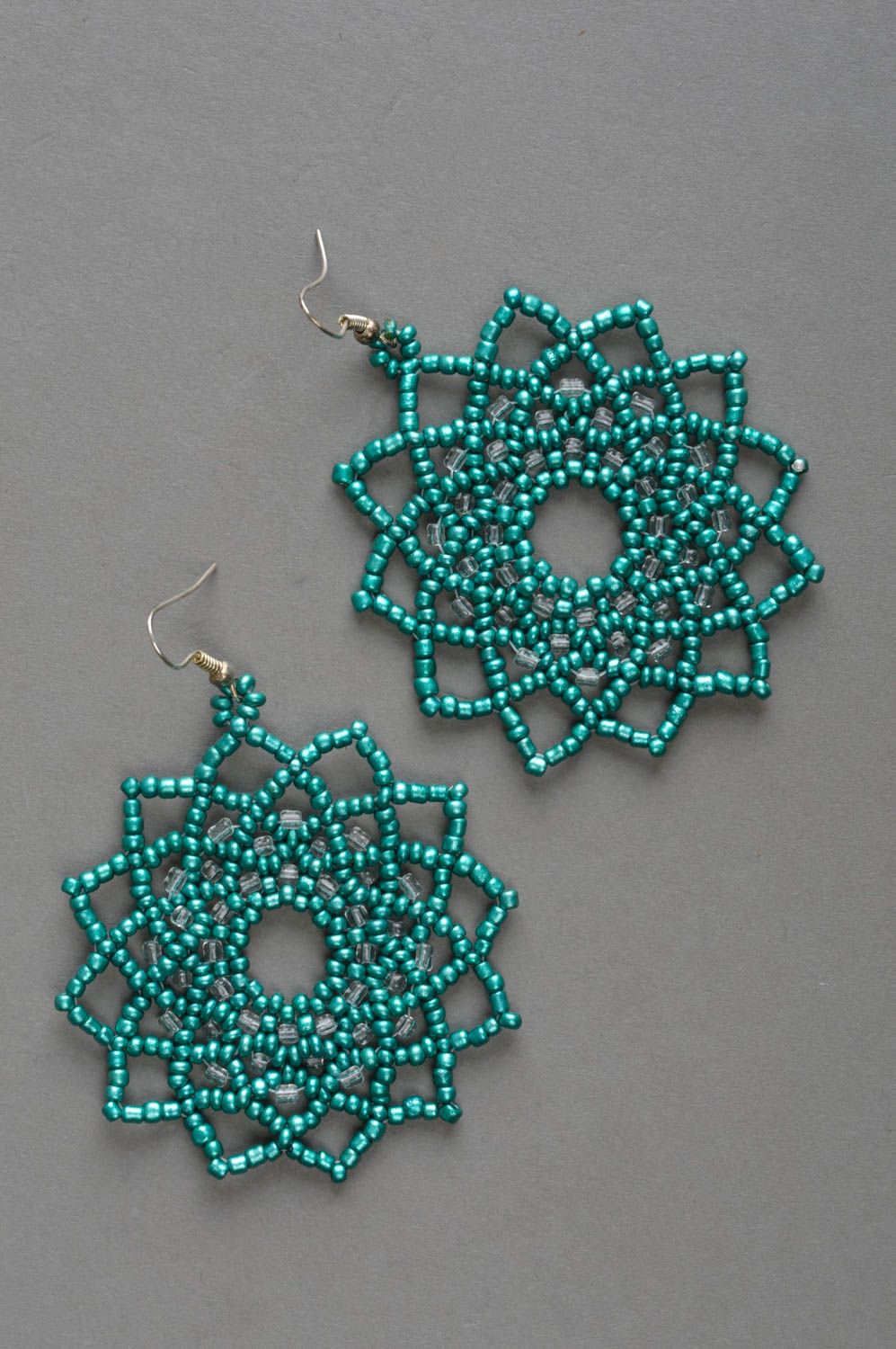 Openwork green earrings beaded handmade accessories stylish jewelry with charms photo 2