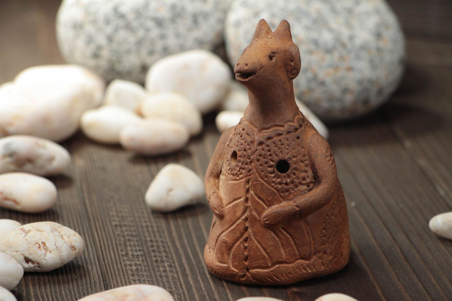 Handmade decorative cute brown ceramic ocarina in the shape of small goat photo 1