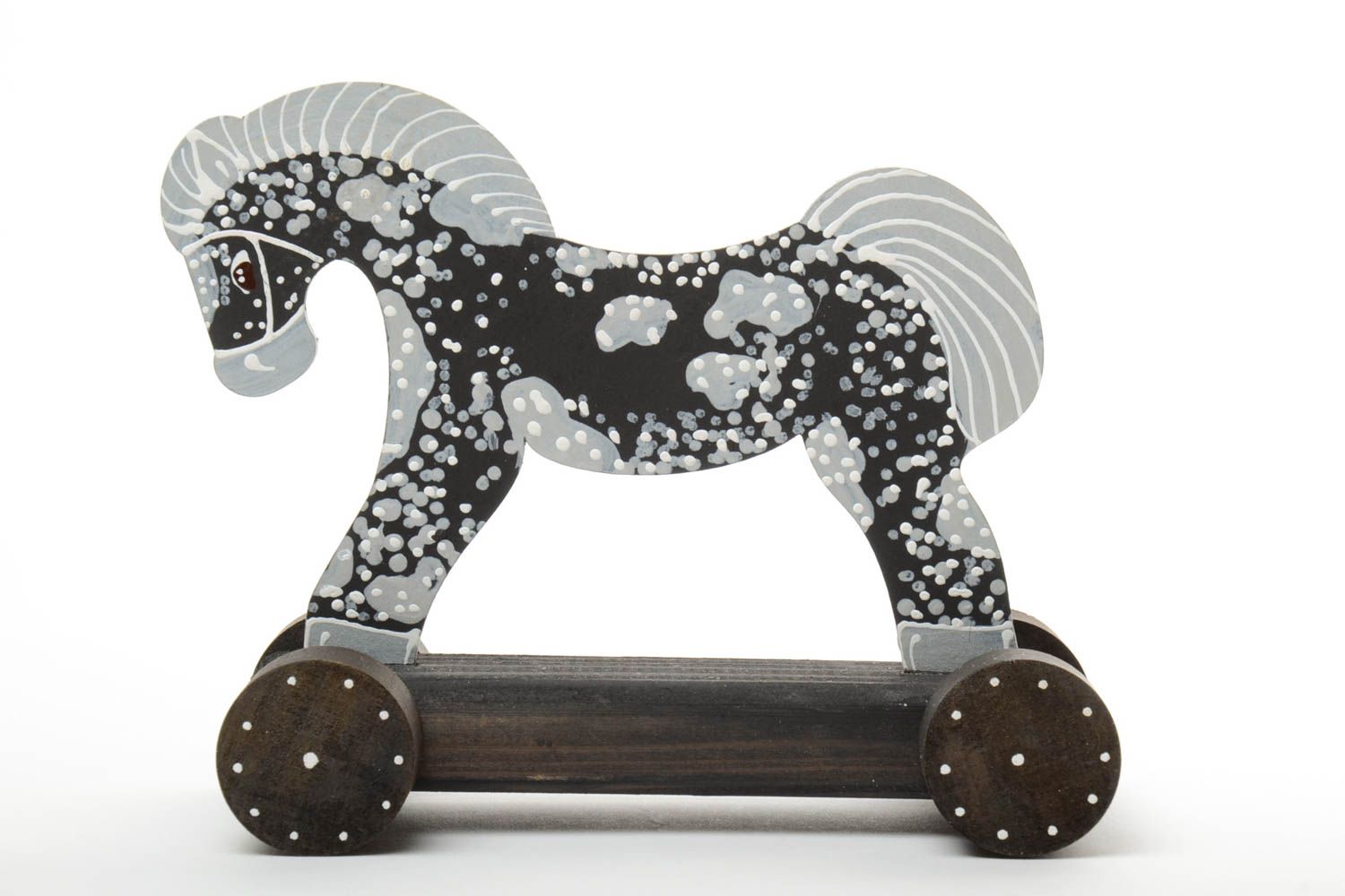 Cheval à roulettes en bois noir-gris fait main peint de couleurs acryliques photo 2