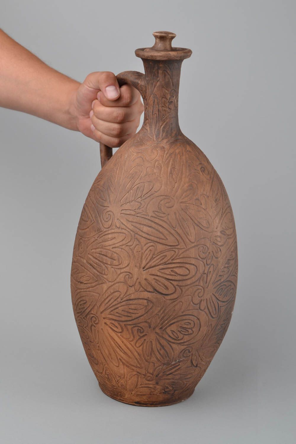 Botella de arcilla grande artesanal marrón con ornamentos original 8 l foto 2