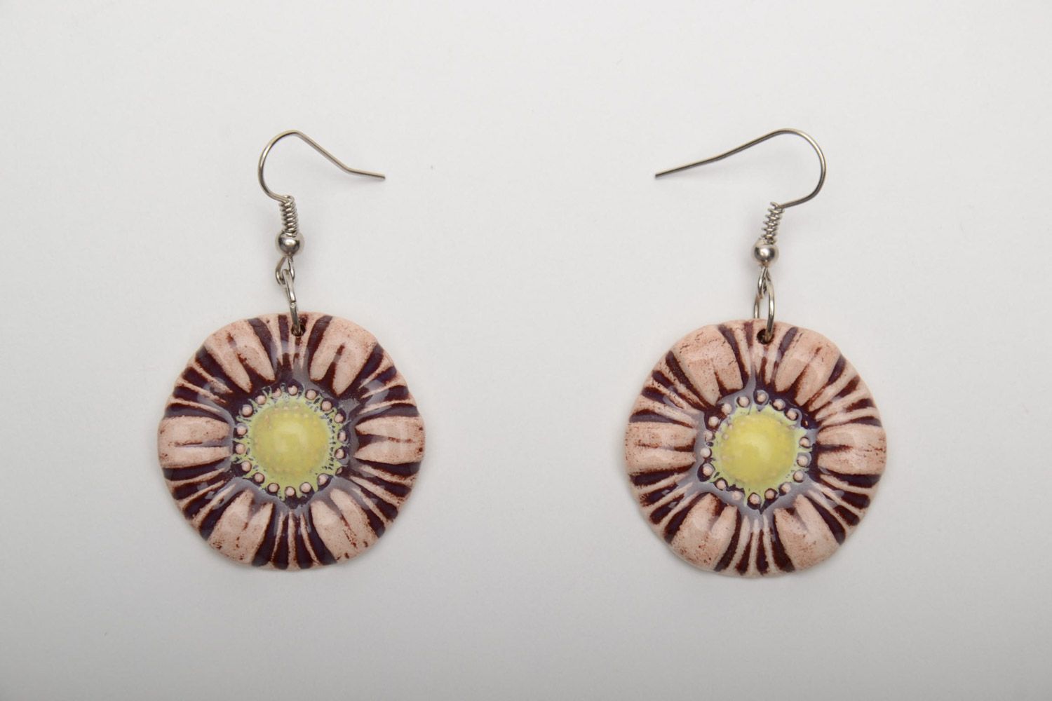 Handmade ceramic round dangle earrings in the shape of flowers painted with enamel photo 5