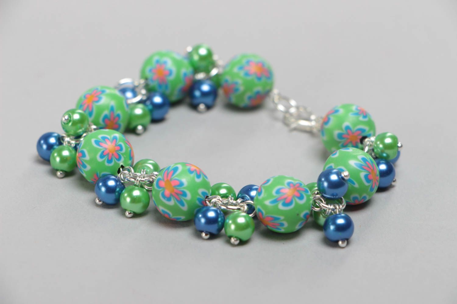 Green and blue handmade stylish children's polymer clay bracelet with charms photo 2