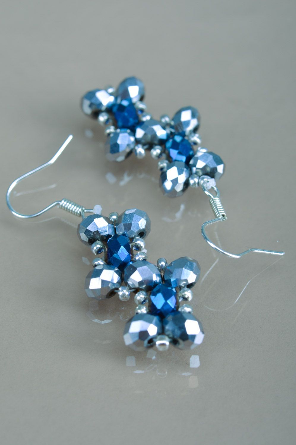 Handmade evening elegant dangle earrings with faceted blue beads for ladies  photo 5