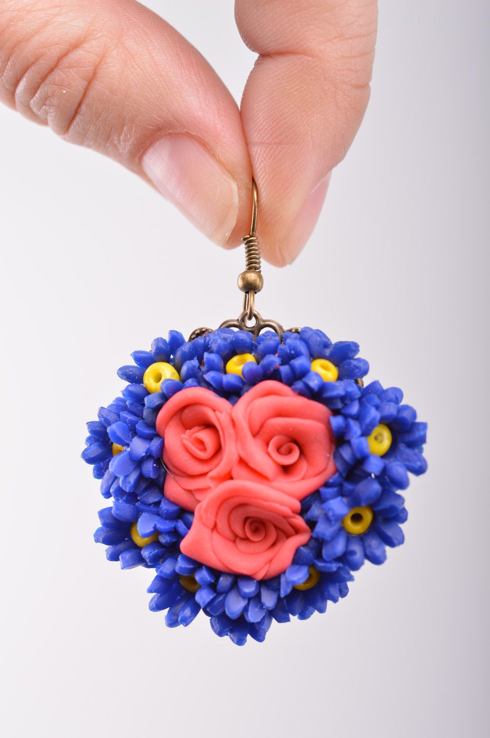 Large pink and blue handmade polymer clay flower earrings photo 1