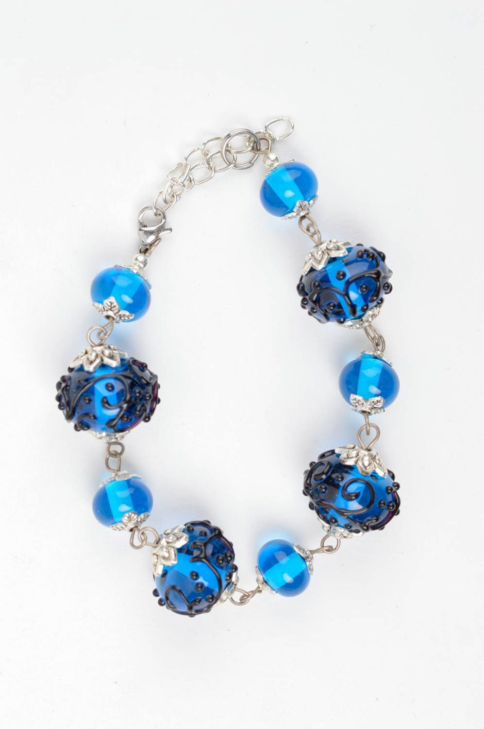 Art glass blue stylish handmade beaded bracelet on metal chain photo 3