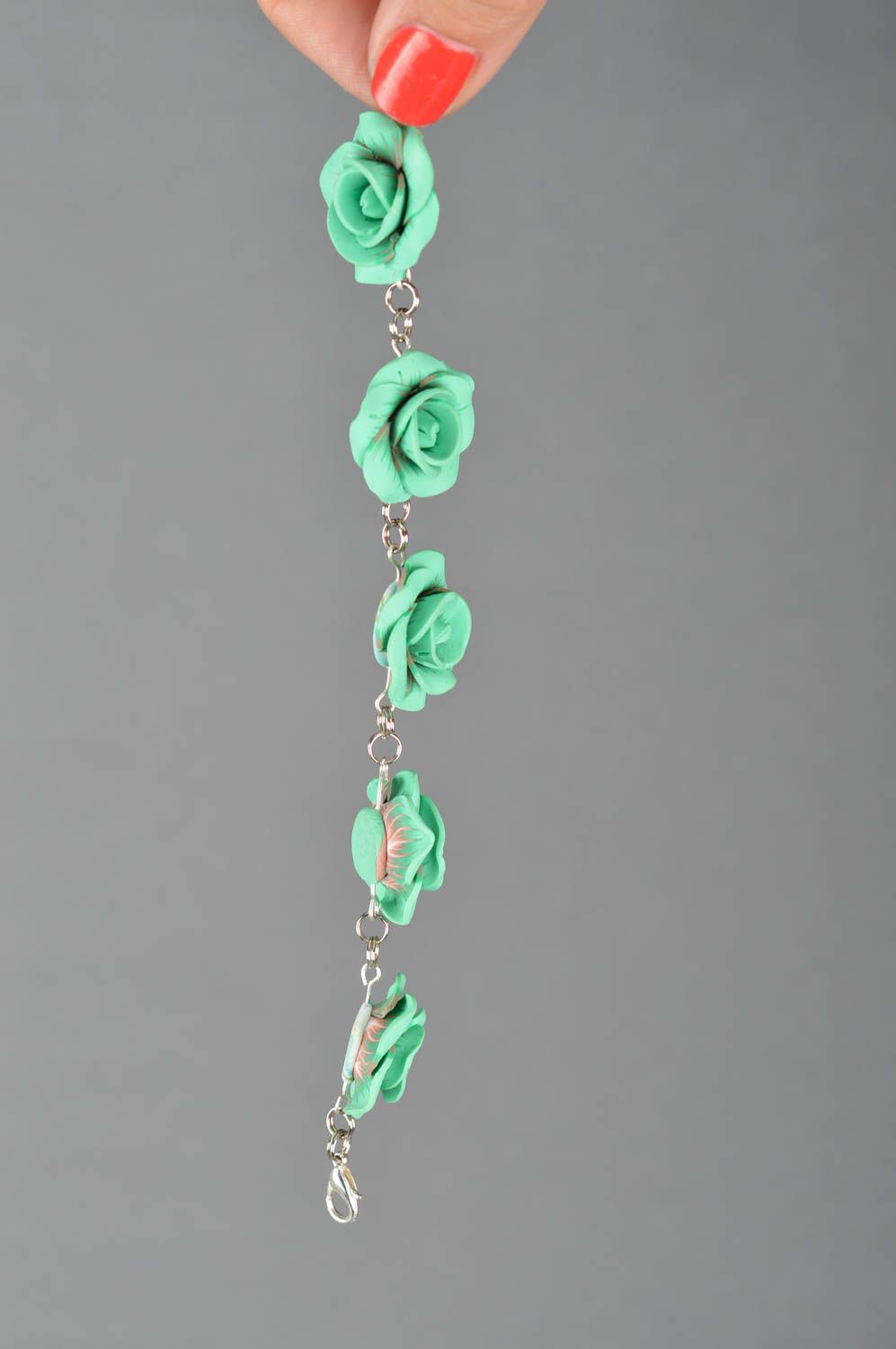 Beautiful handmade women's polymer clay flower bracelet with mint colored roses photo 3