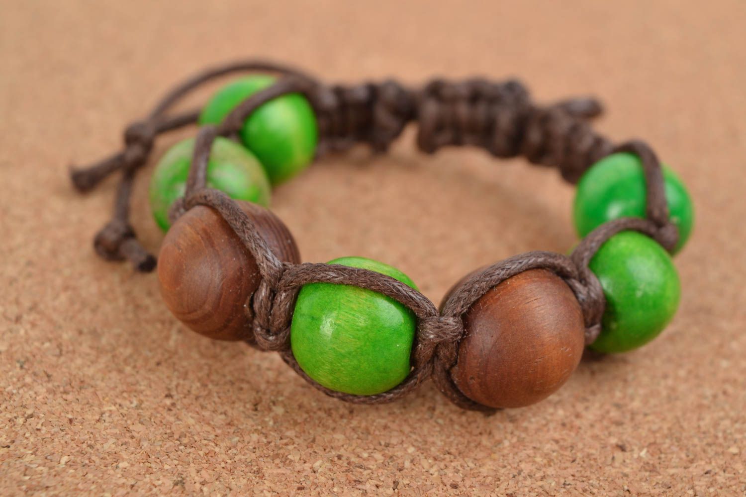 Handmade woven cotton cord bracelet with wooden beads photo 2
