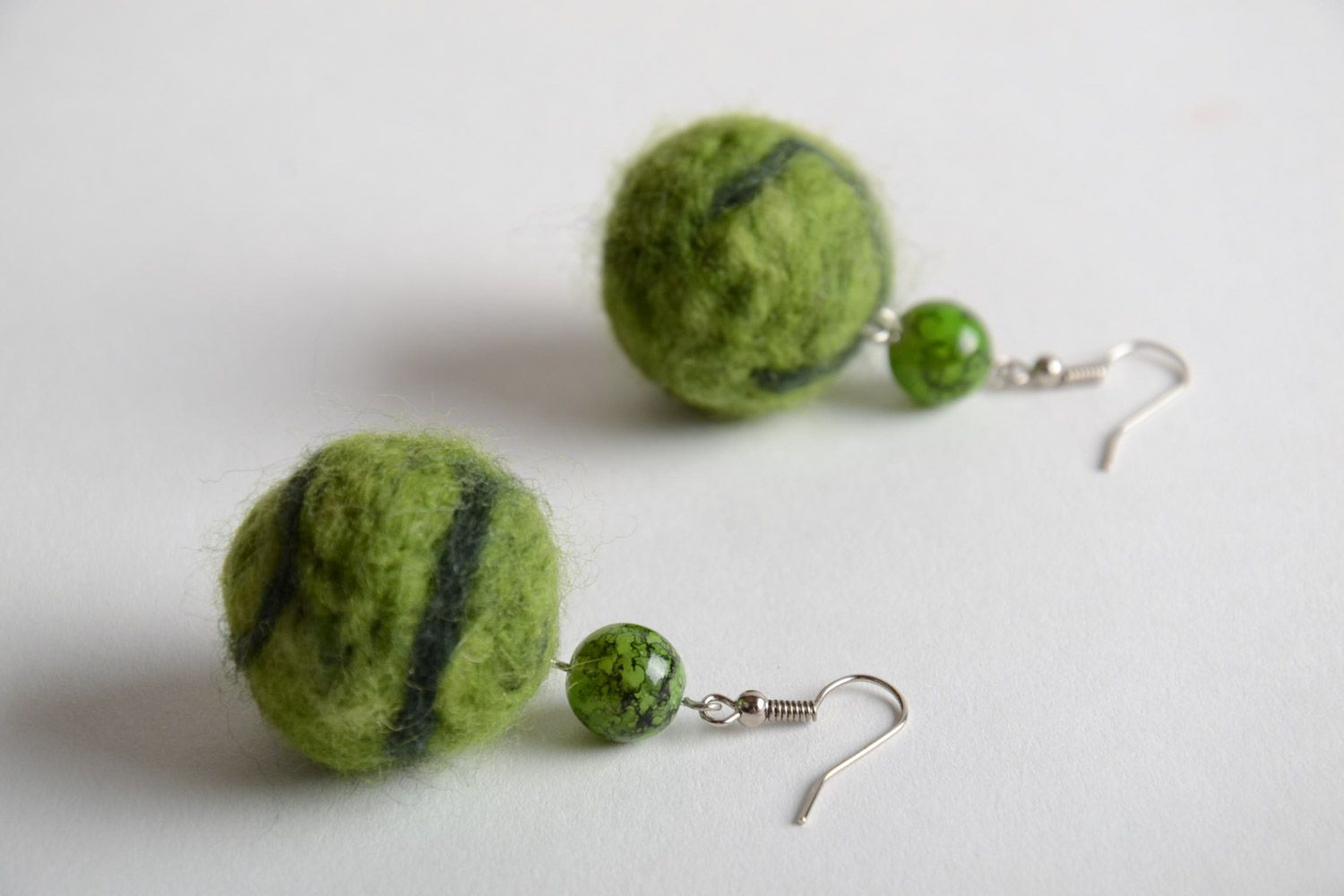 Green handmade felted wool ball earrings for girls photo 2