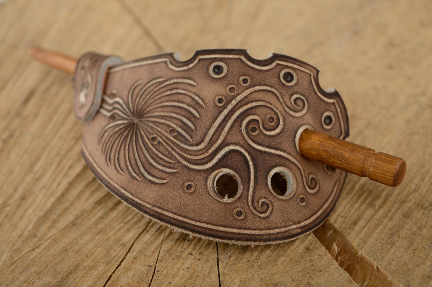 Carved leather hairpin photo 1