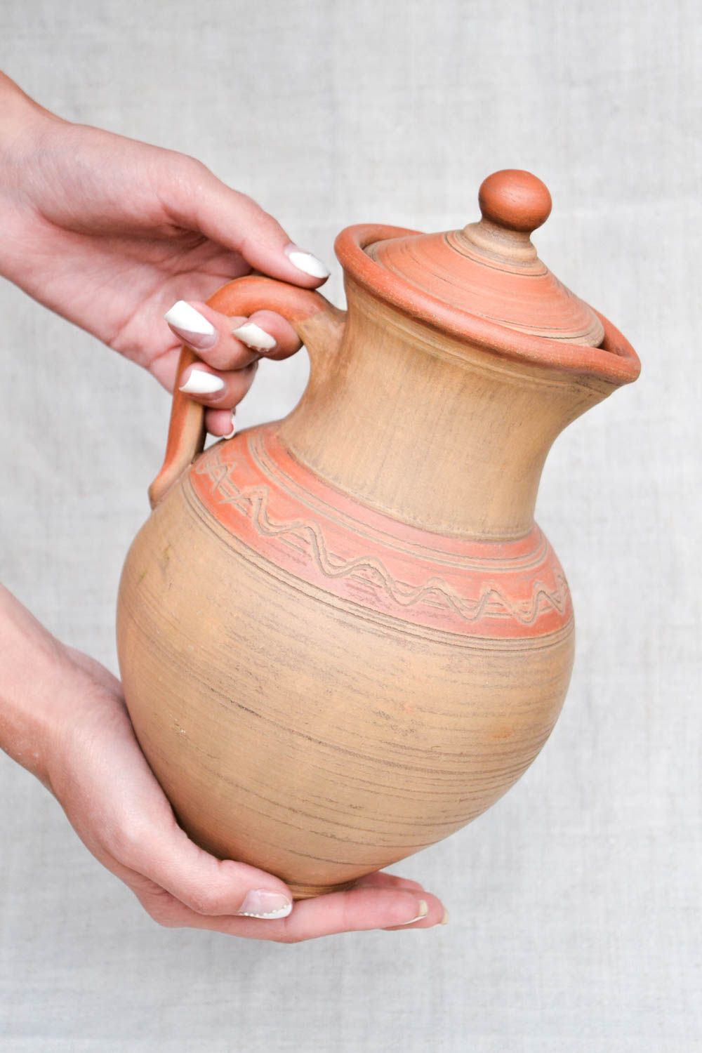 Large ethnic style ceramic water pitcher with handle, lid, and ornament décor 11, 2,7 lb photo 2