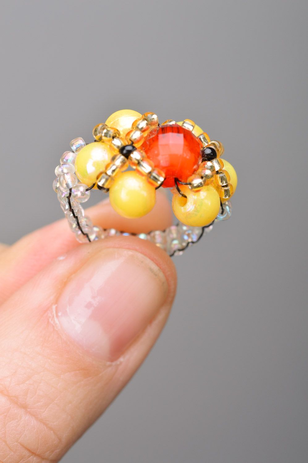 Handmade red and yellow beaded ring in the shape of flower for little girl photo 3