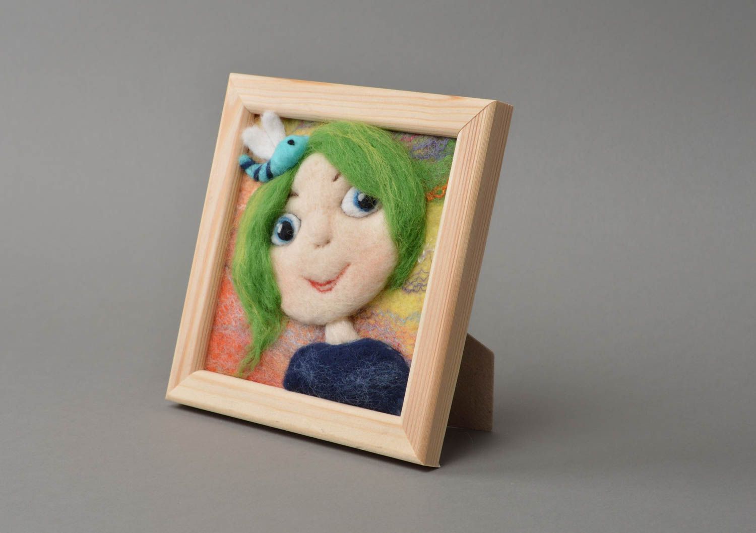 Square cute handmade woolen picture in wooden frame Girl with butterfly photo 2